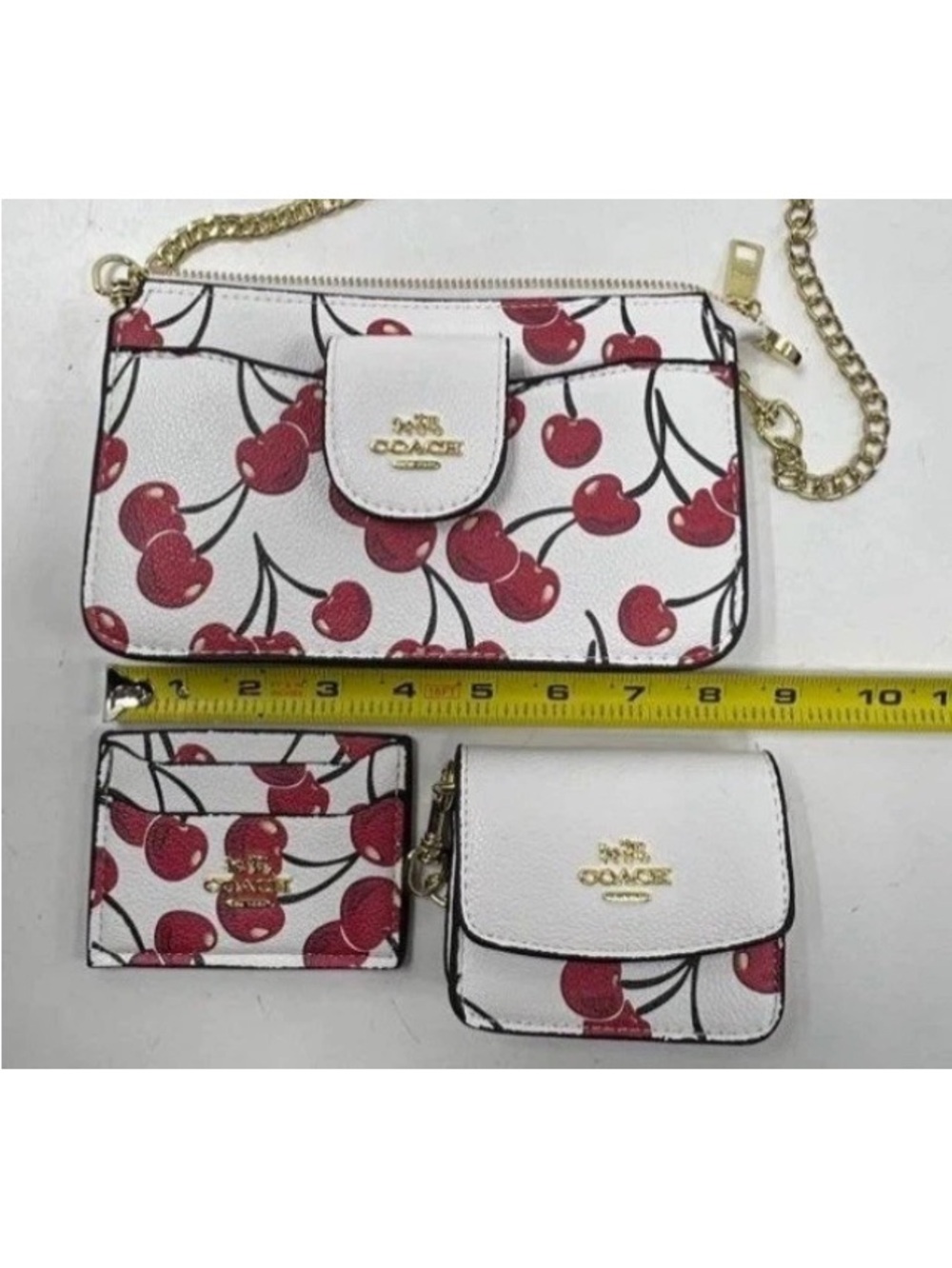 NWOT Coach Crossbody Cherry-Print Leather Wallet Pouch 3 pc Set